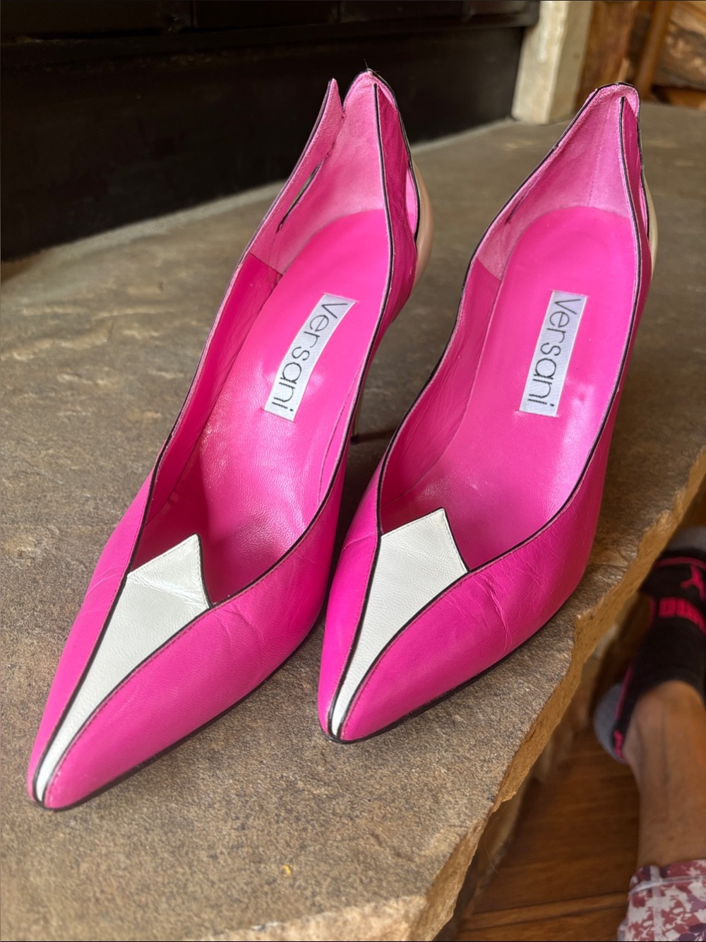Versani Hot Pink Pointed Toe Pumps with White V-Accent